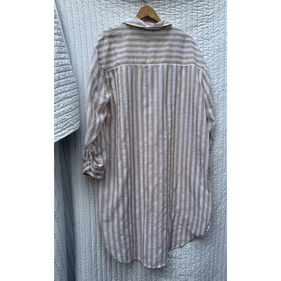 Dizzy Lizzy Striped Shirt Dress Button Up Tan & White Lightweight Cover Up Large - Picture 5 of 5